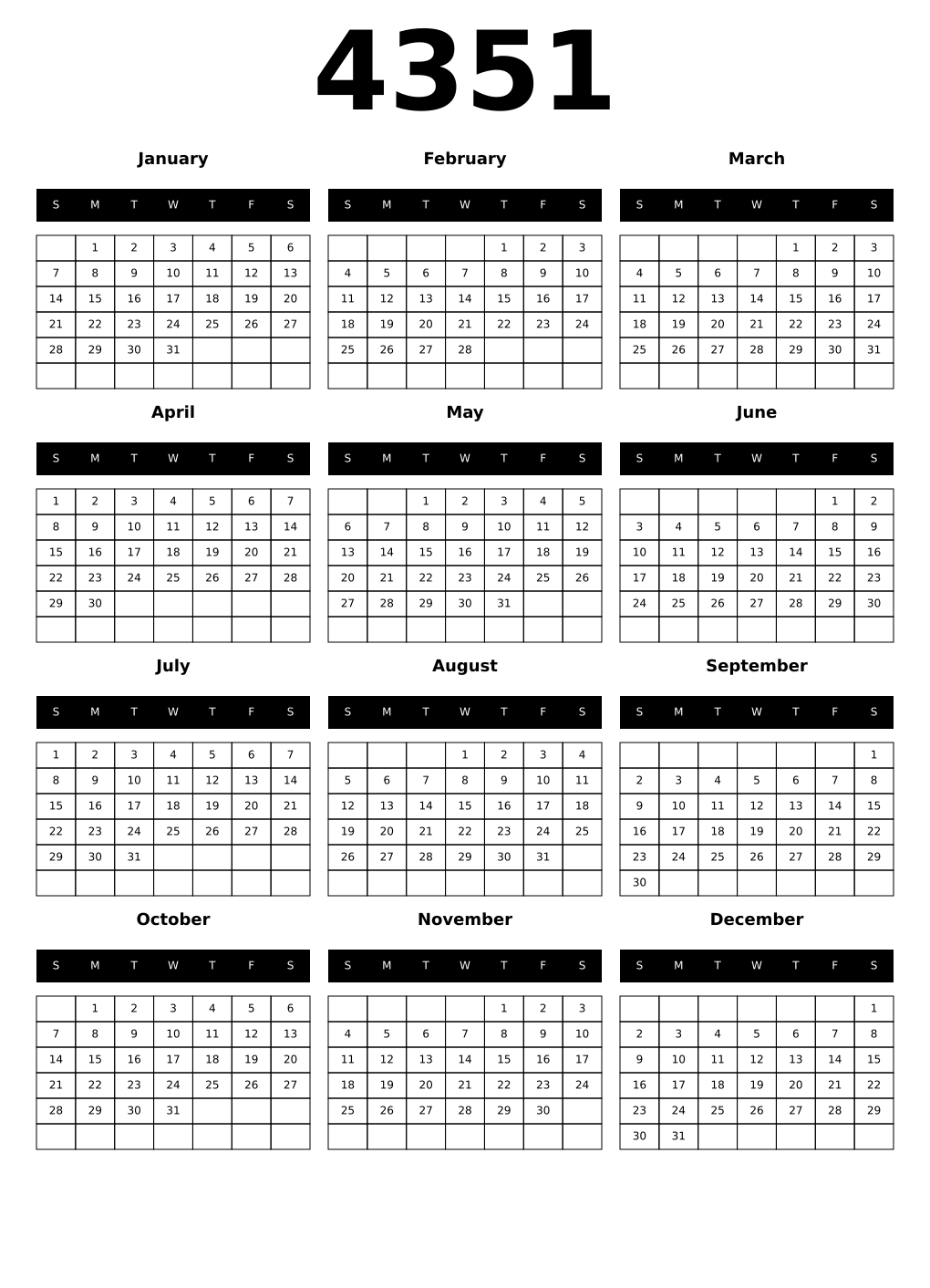 Printable 4351 Year Calendars black