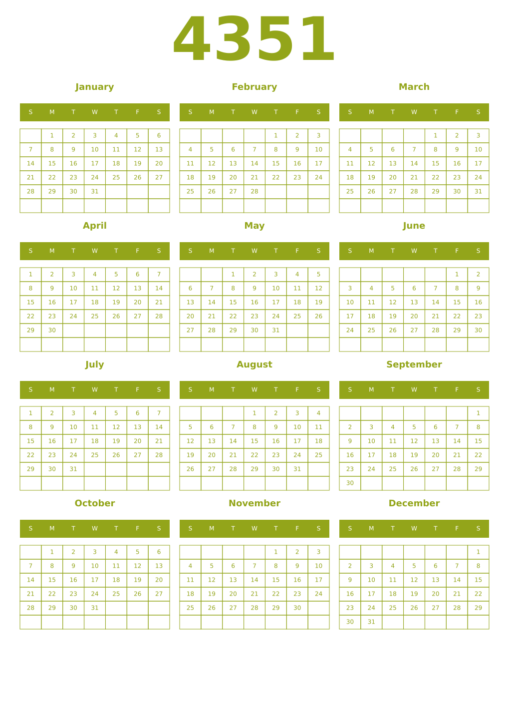 Printable 4351 Year Calendars chartreuse