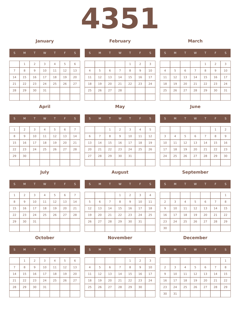 Printable 4351 Year Calendars coffe