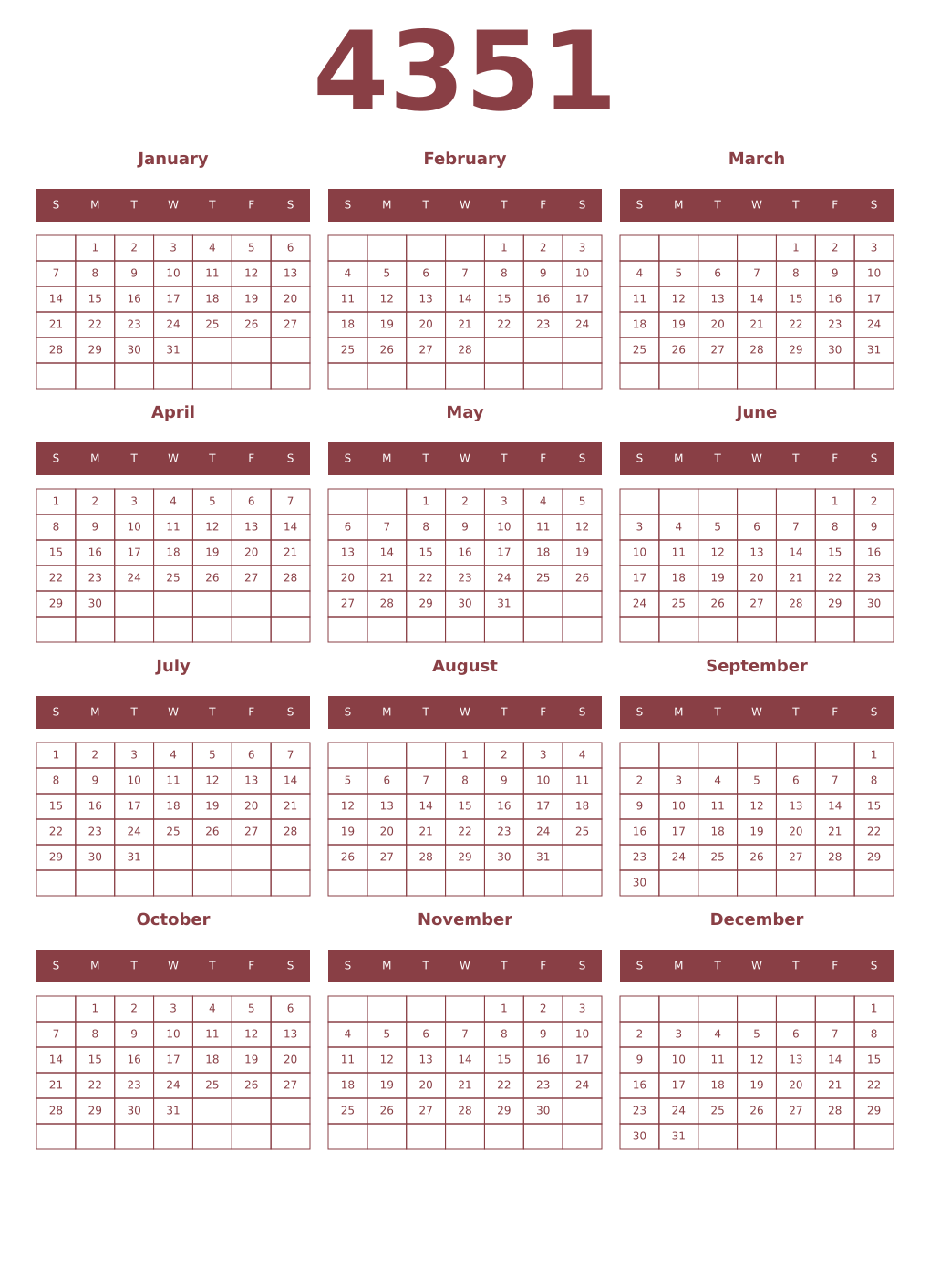 Printable 4351 Year Calendars cordovan