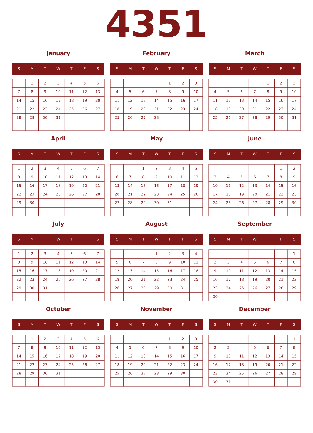 Printable 4351 Year Calendars falu