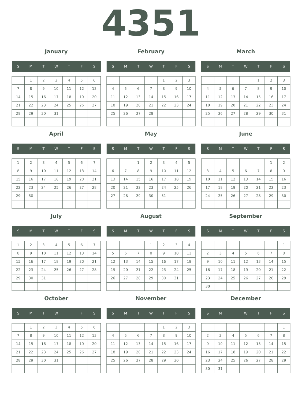 Printable 4351 Year Calendars feldgrau