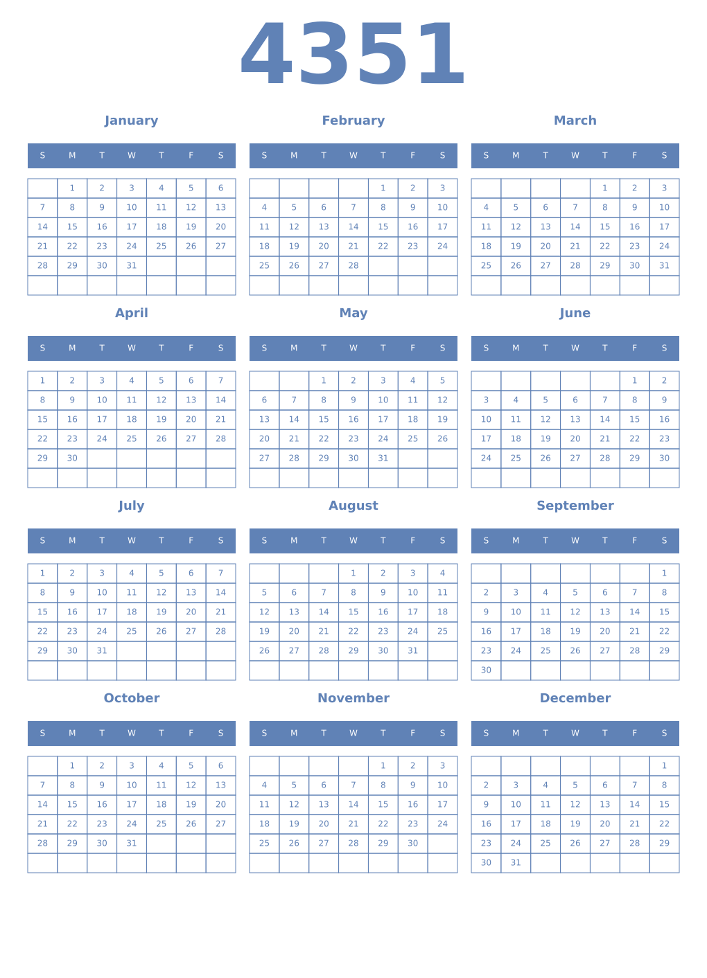 Printable 4351 Year Calendars glaucous