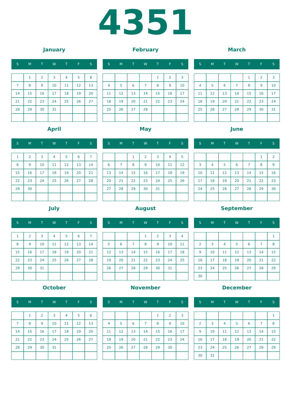 Printable 4351 Year Calendars pastel