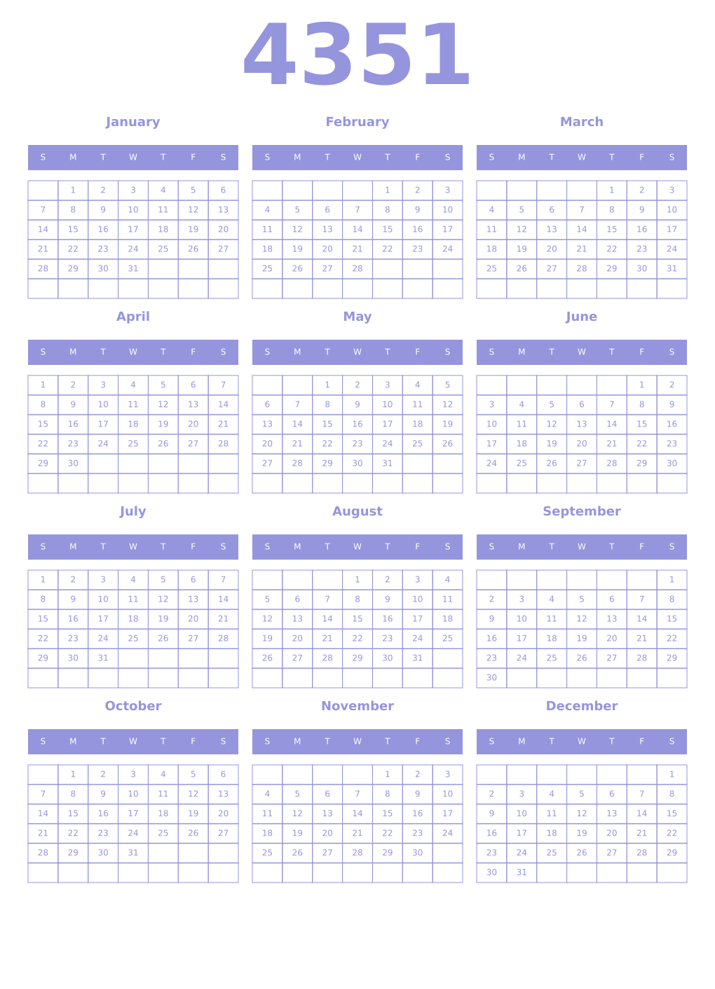 Printable 4351 Year Calendars periwinkle