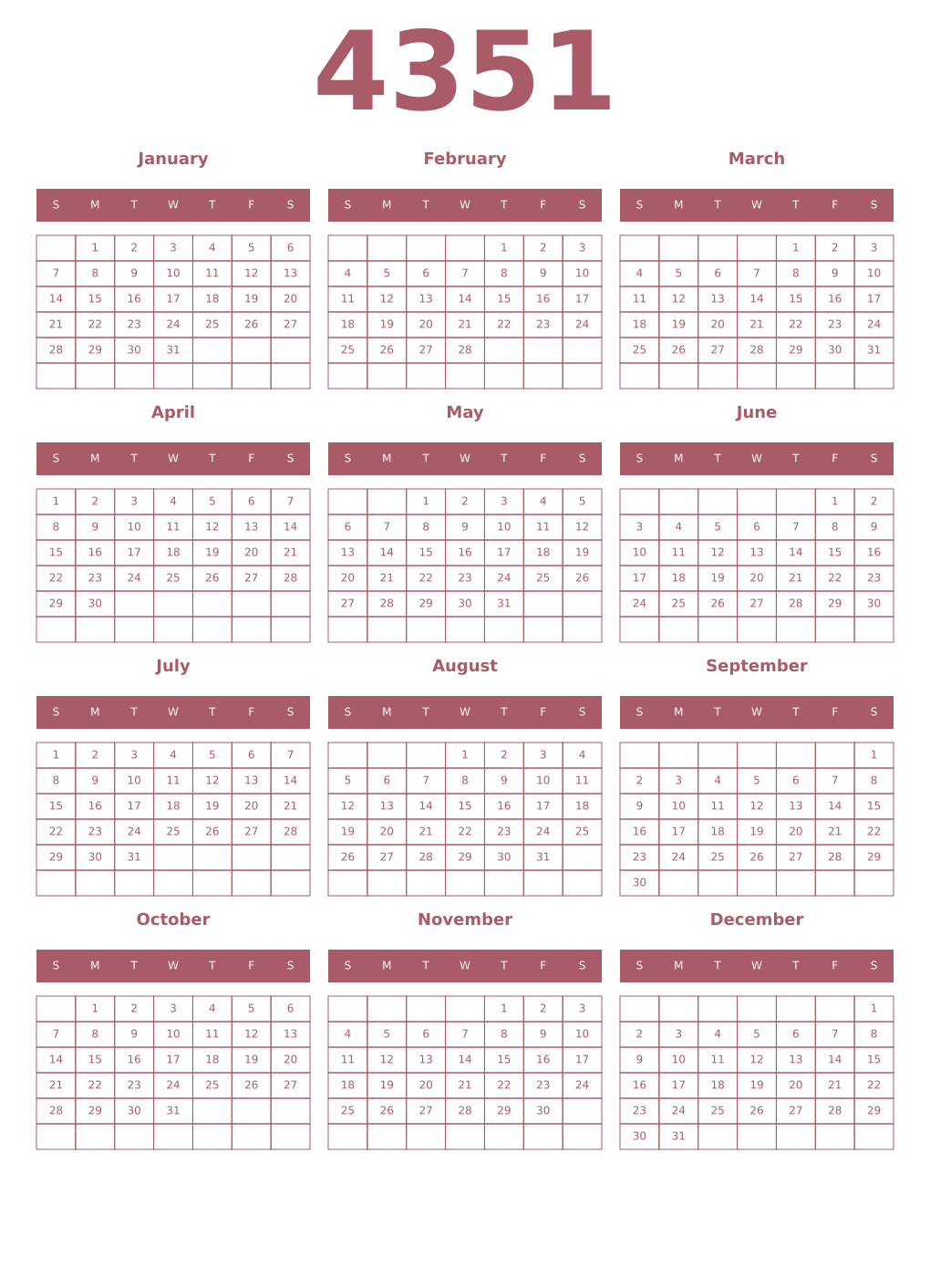 Printable 4351 Year Calendars puce