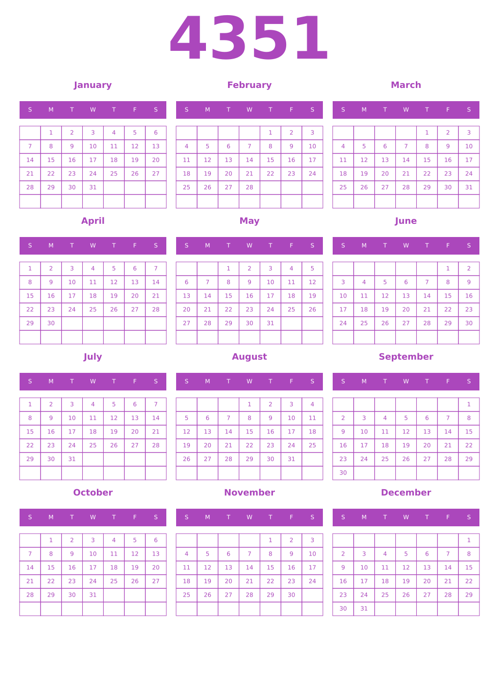 Printable 4351 Year Calendars purple