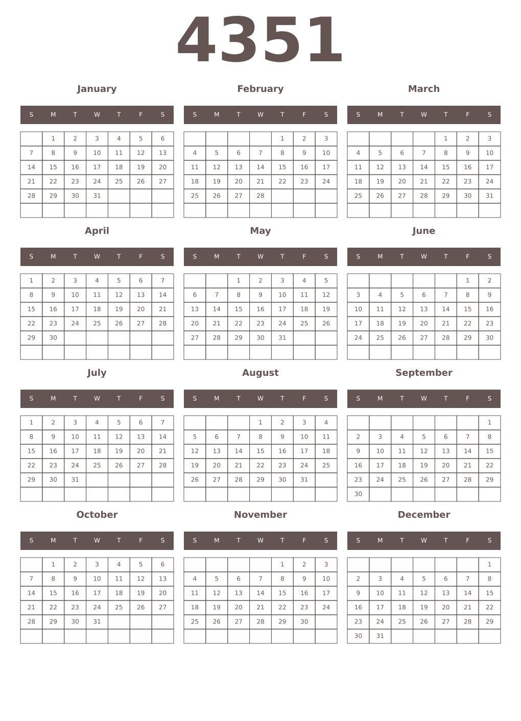 Printable 4351 Year Calendars wenge