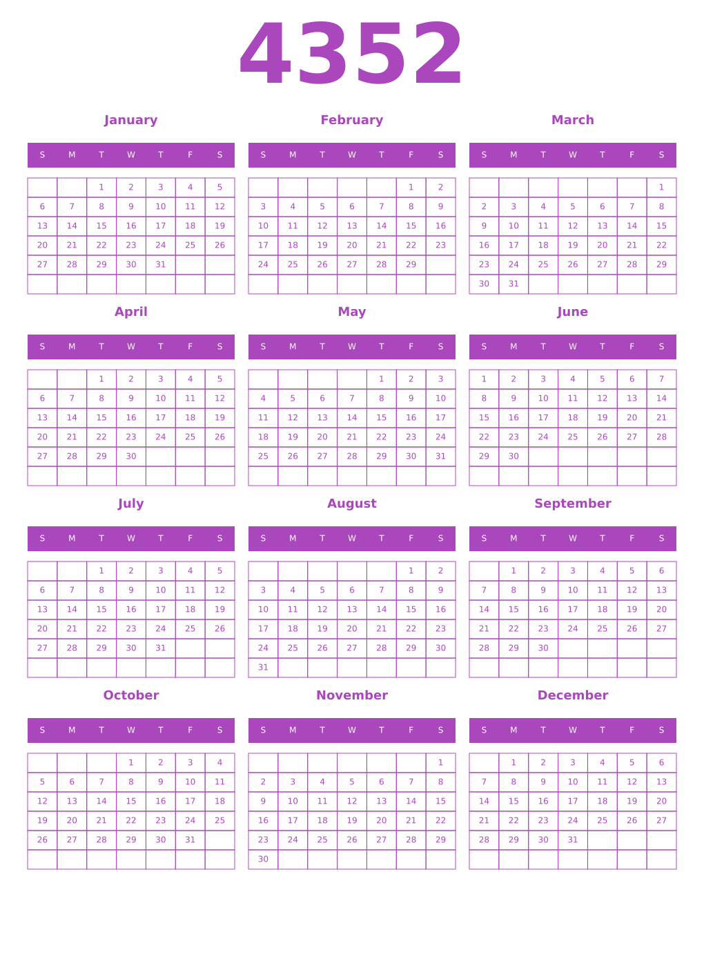 Printable 4352 Calendars