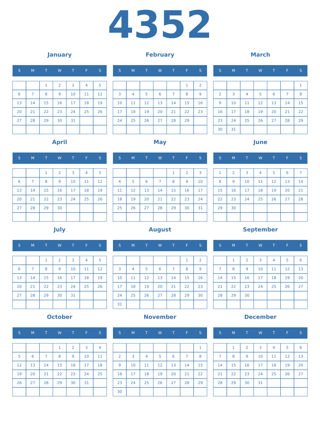 Printable 4352 Year Calendars blue