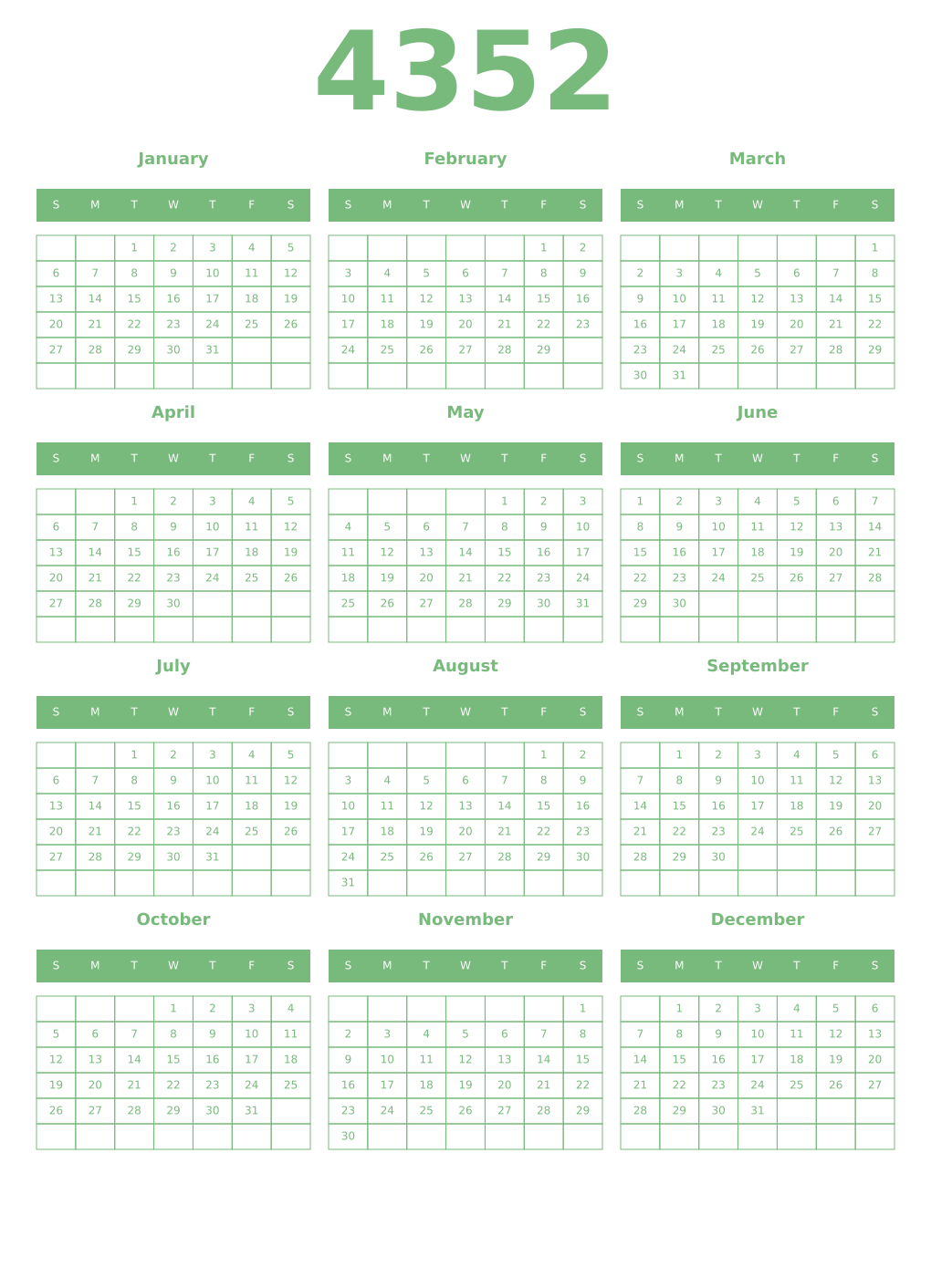 Printable 4352 Year Calendars celadon