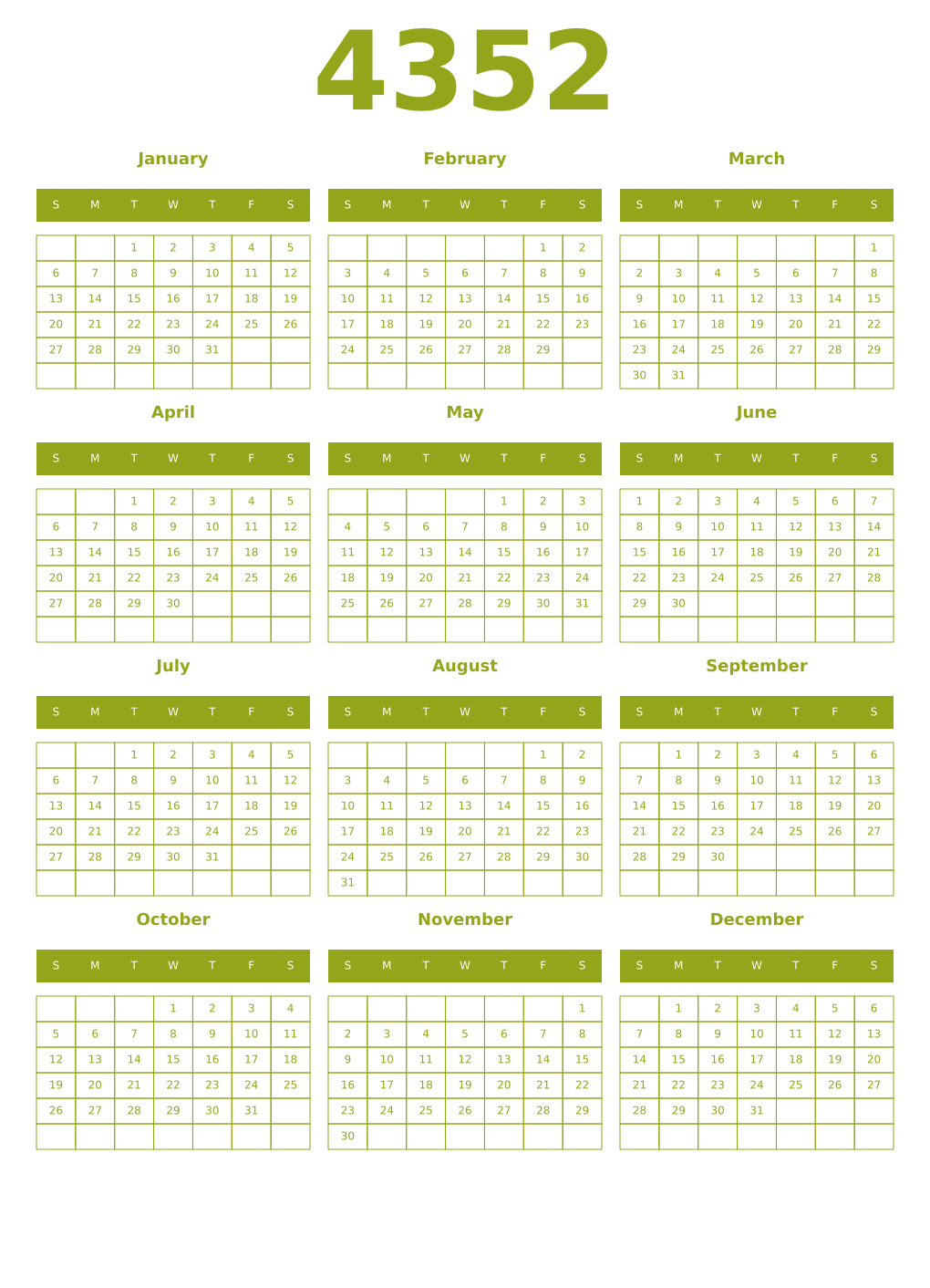 Printable 4352 Year Calendars chartreuse