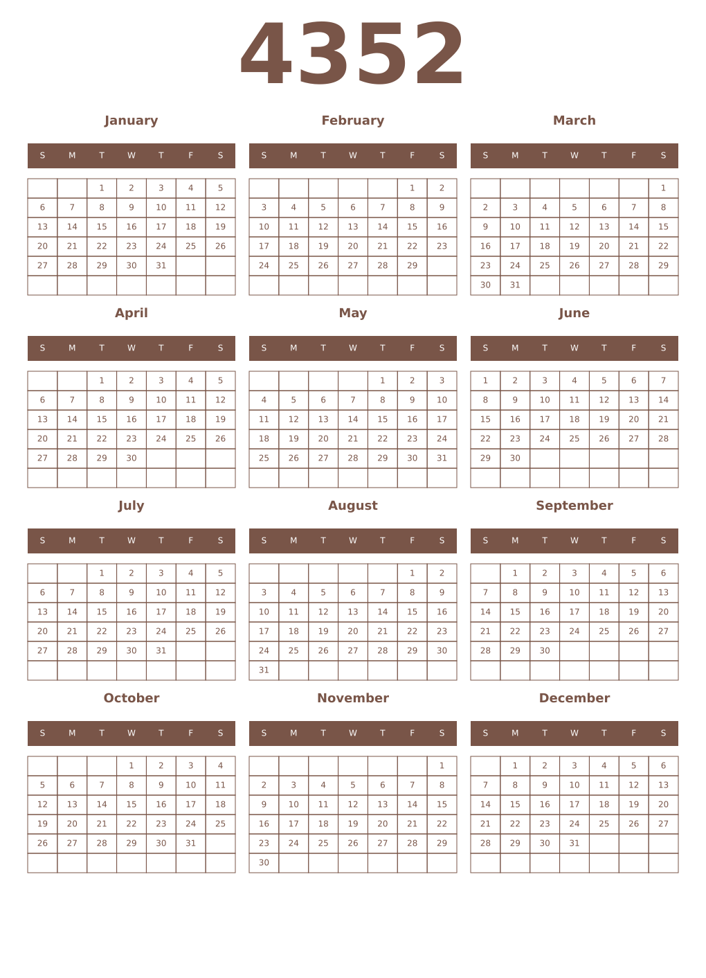 Printable 4352 Year Calendars coffe