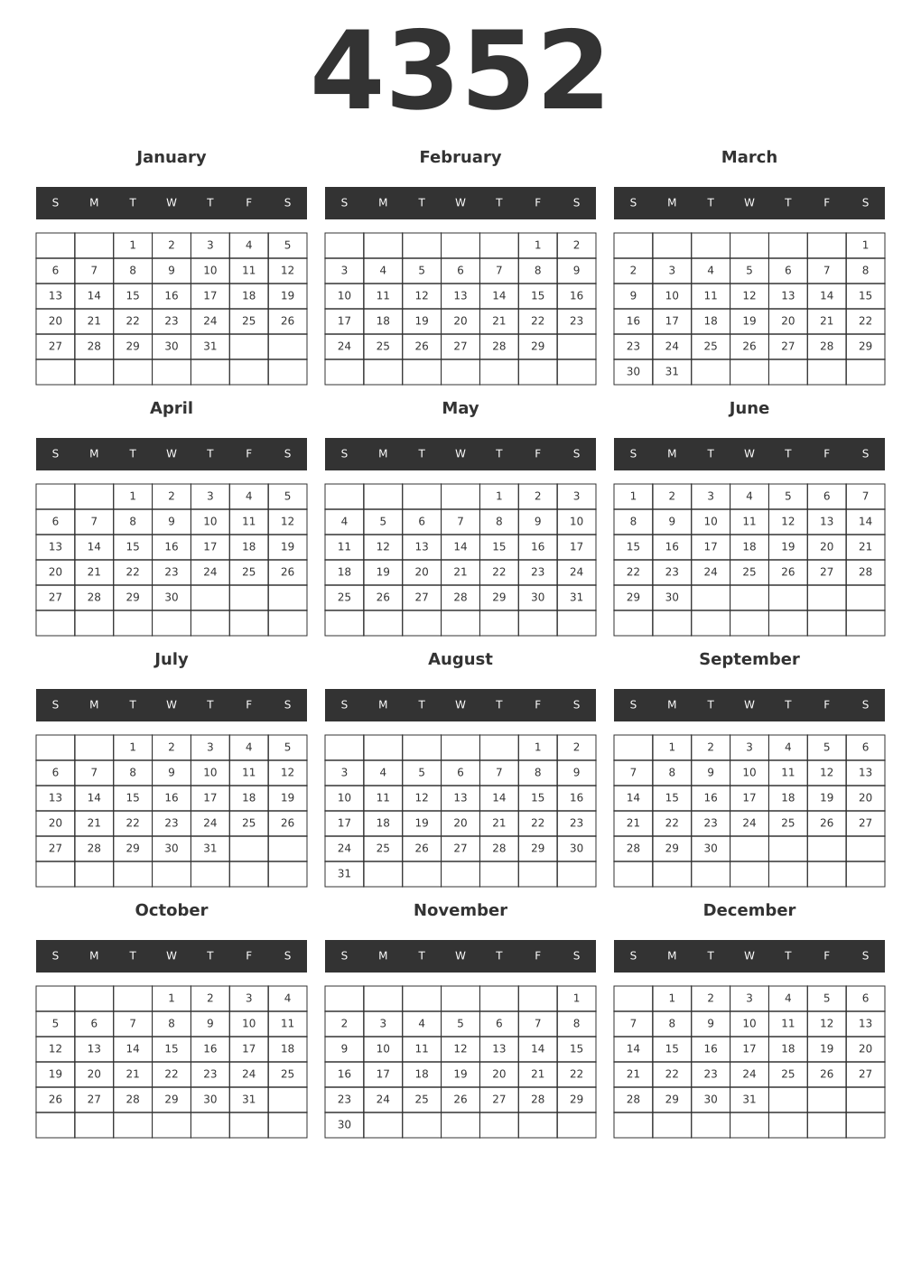Printable 4352 Year Calendars dark