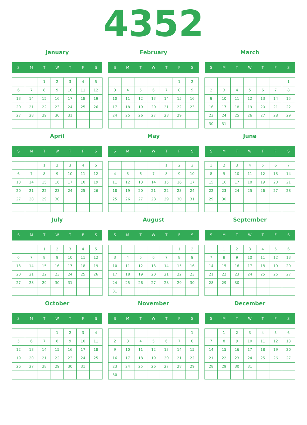 Printable 4352 Year Calendars green