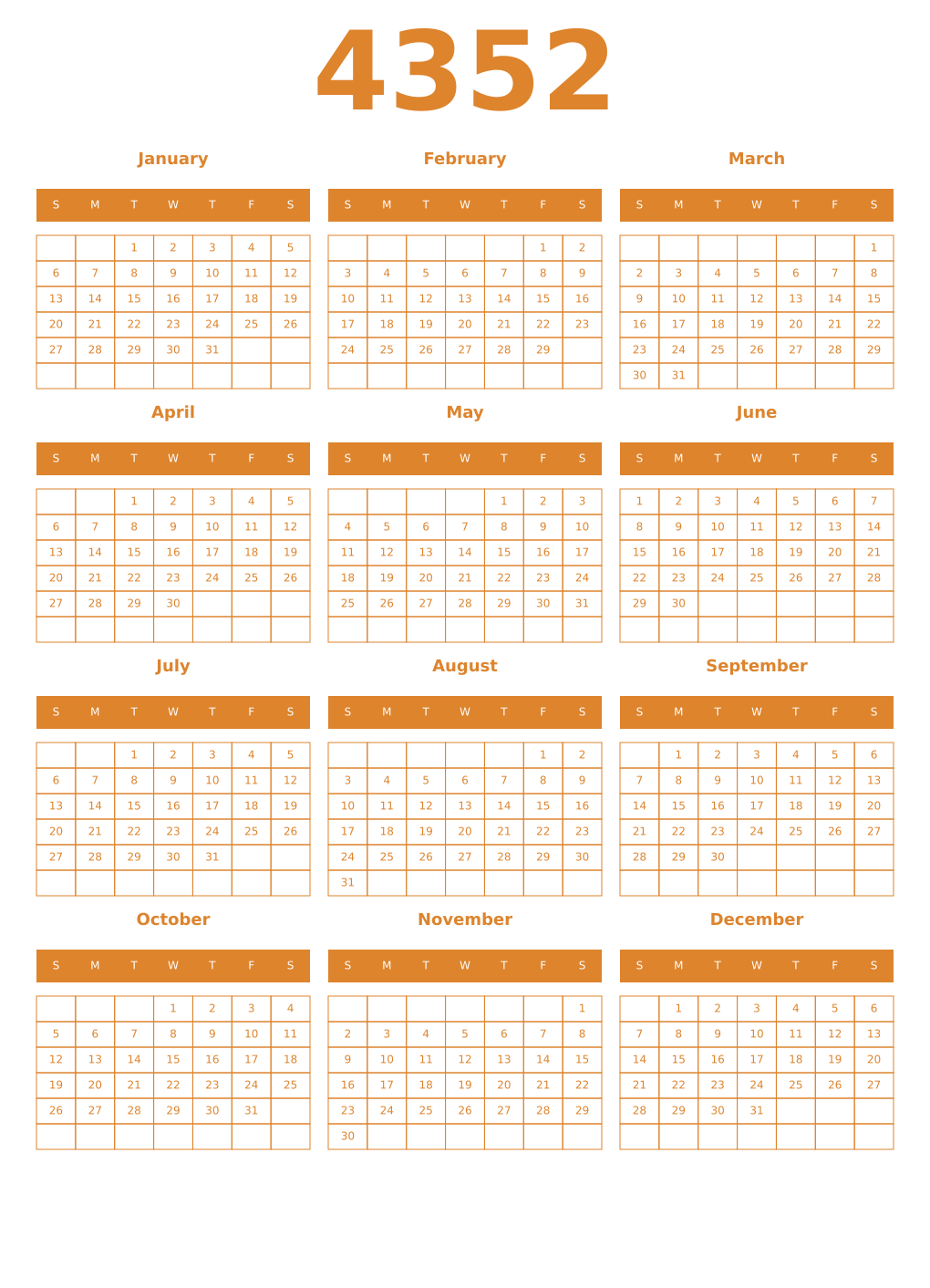 Printable 4352 Year Calendars orange