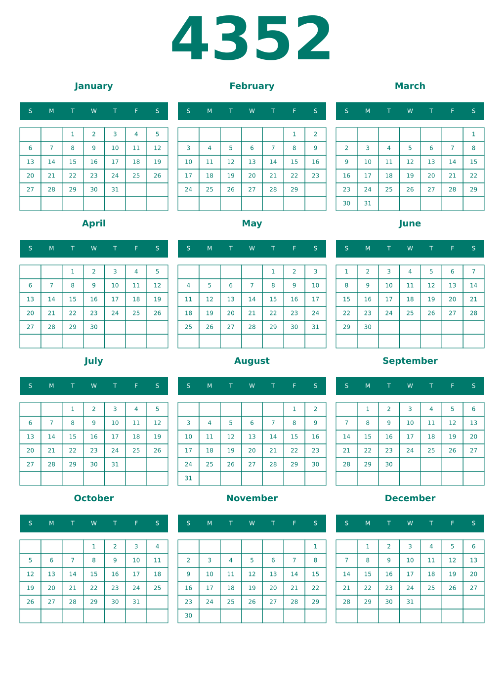 Printable 4352 Year Calendars pastel