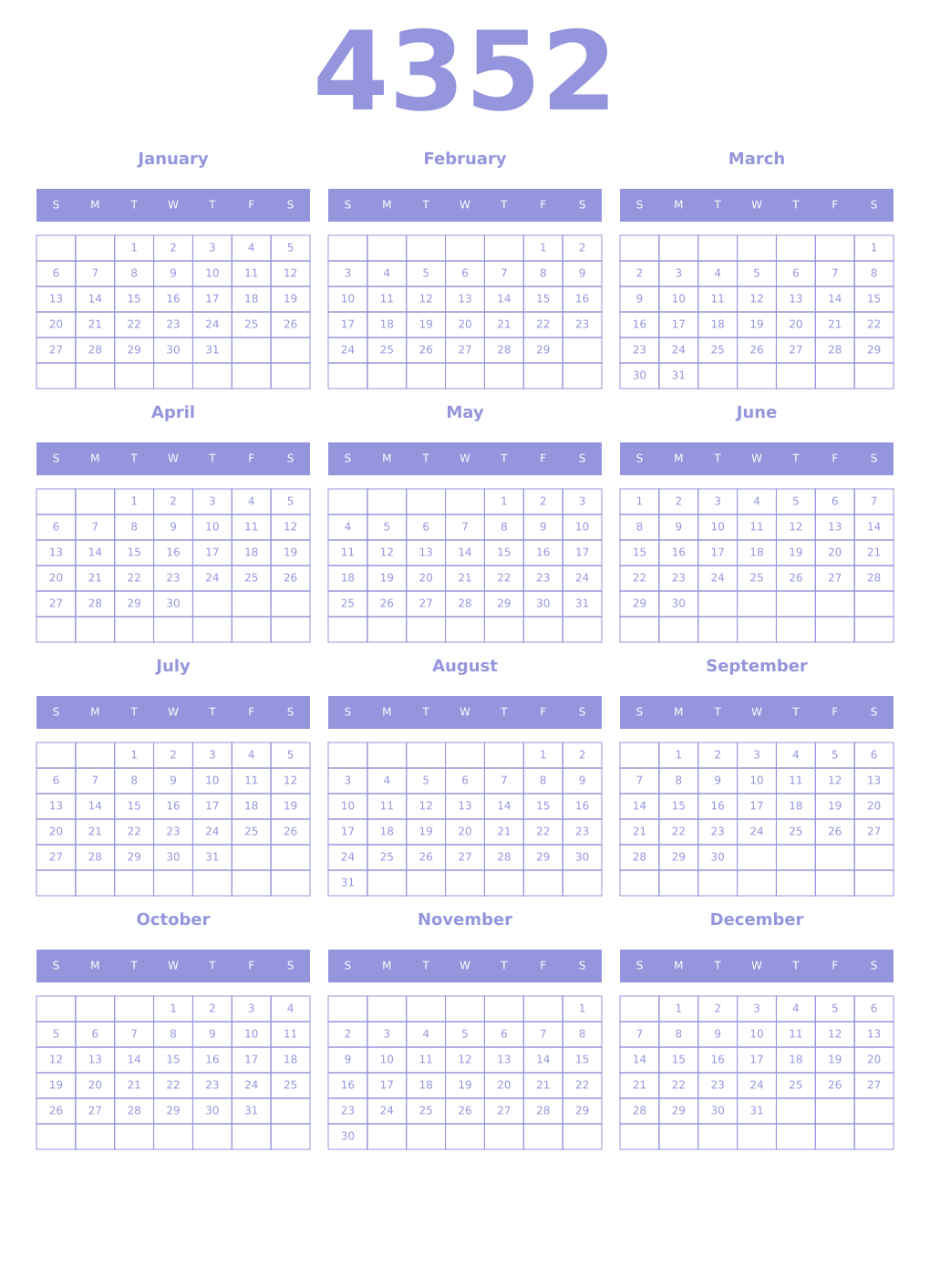Printable 4352 Year Calendars periwinkle