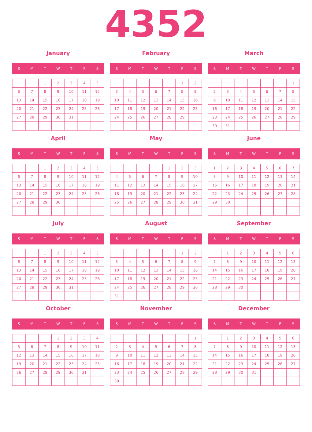 Printable 4352 Year Calendars pink