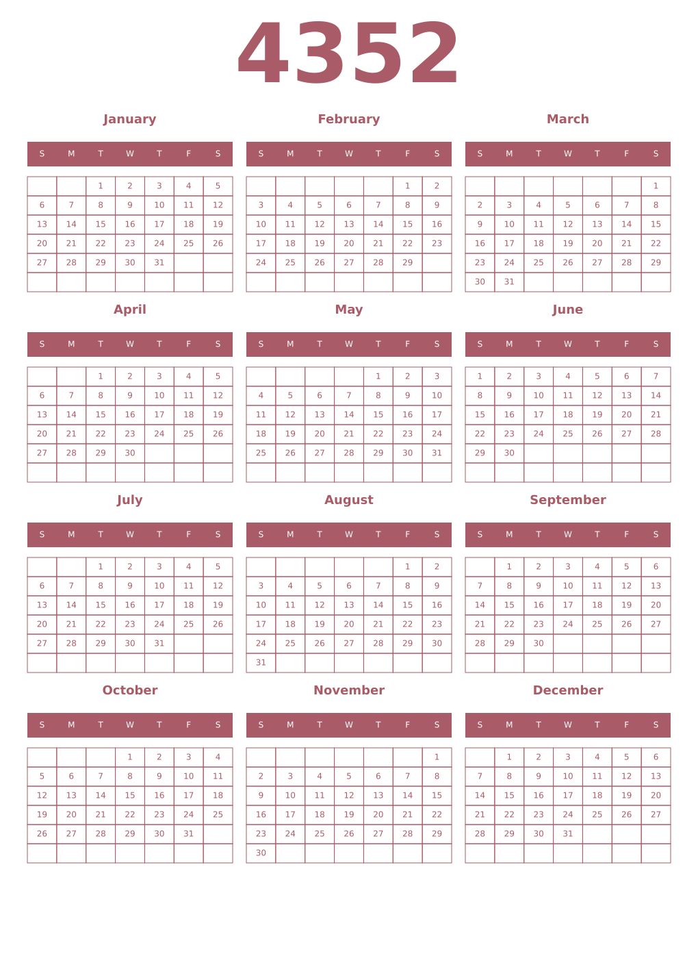 Printable 4352 Year Calendars puce