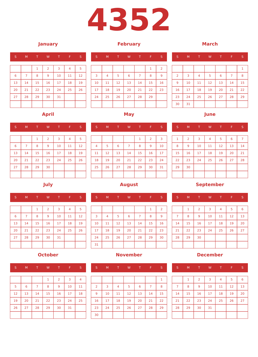 Printable 4352 Year Calendars red