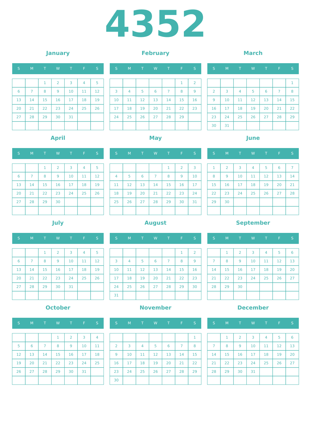 Printable 4352 Year Calendars verdigris