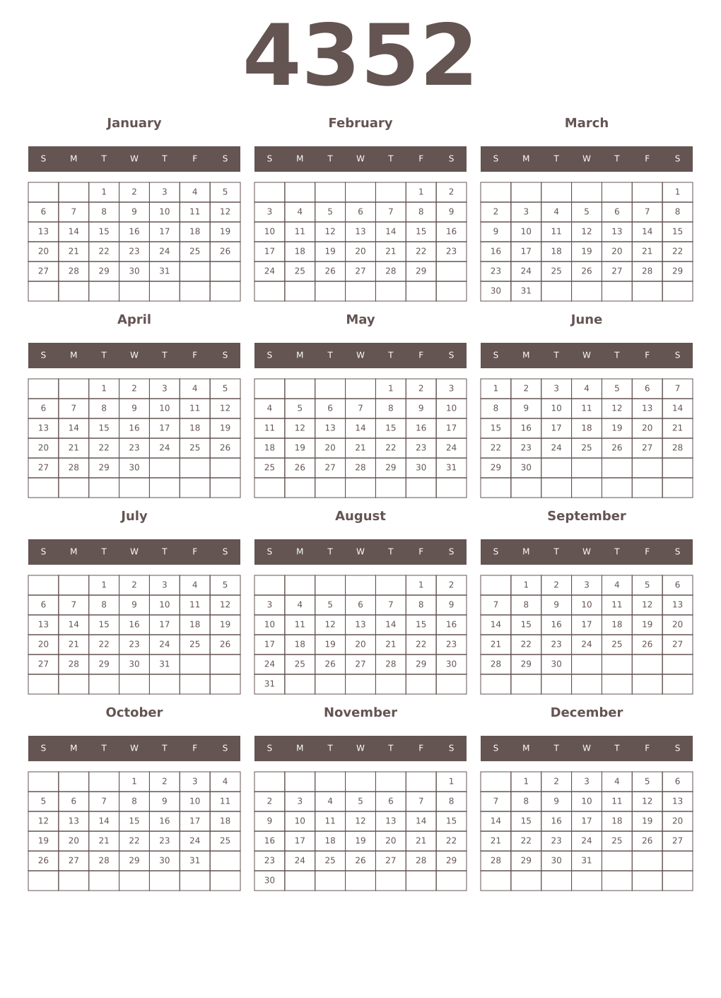 Printable 4352 Year Calendars wenge