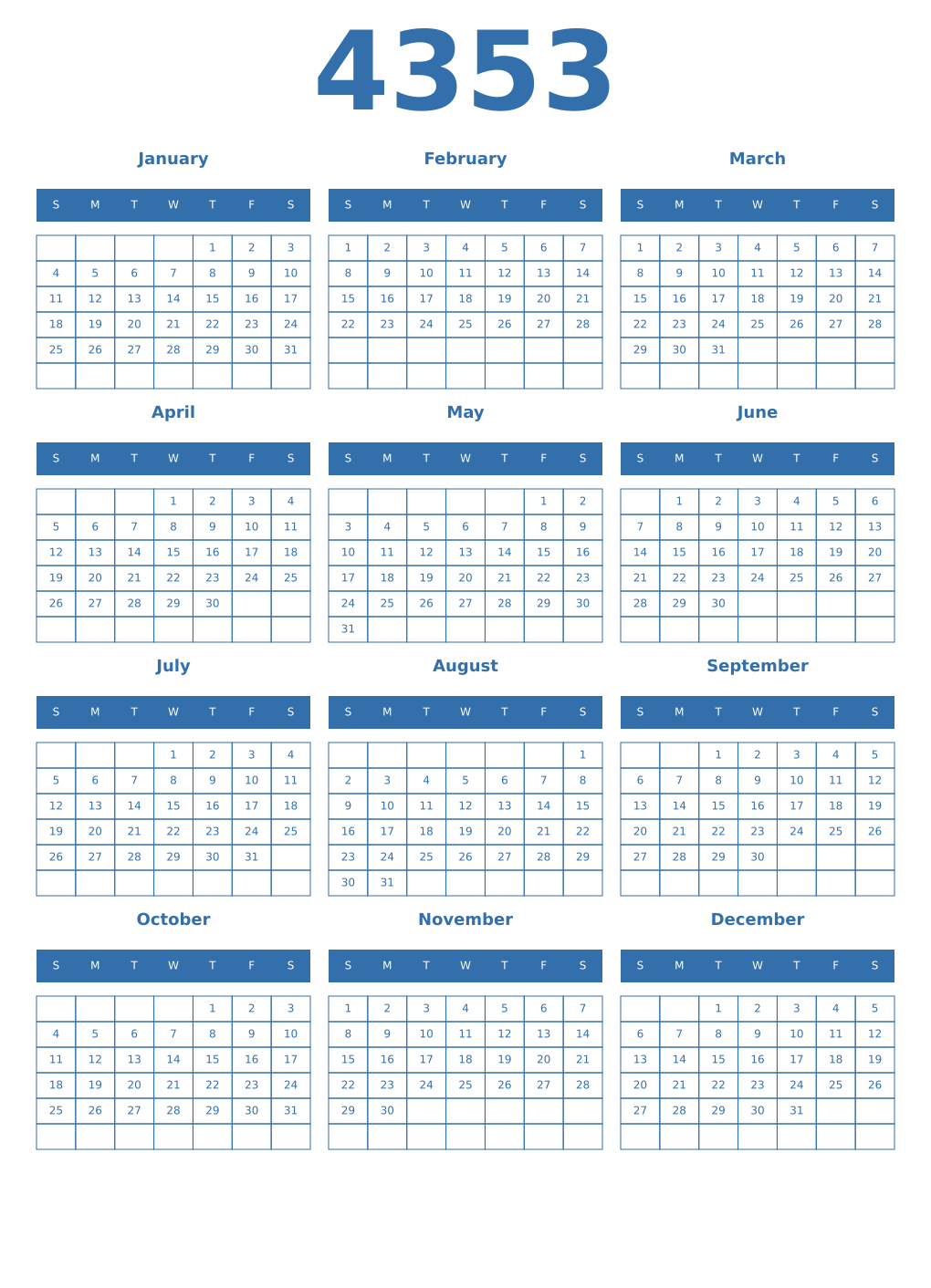 Printable 4353 Year Calendars blue