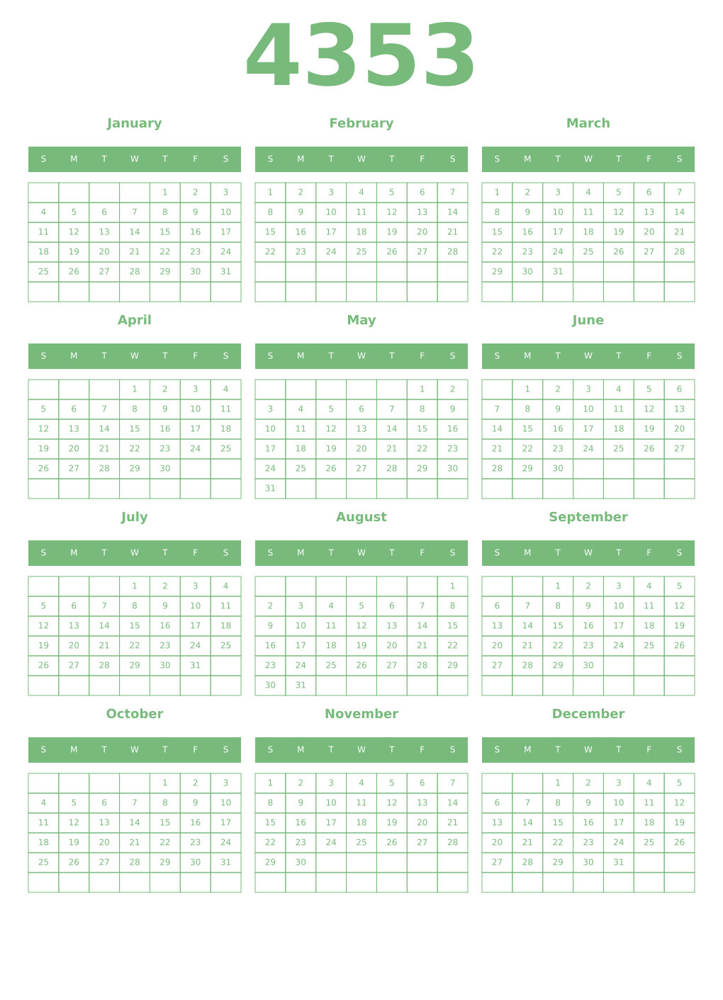 Printable 4353 Year Calendars celadon
