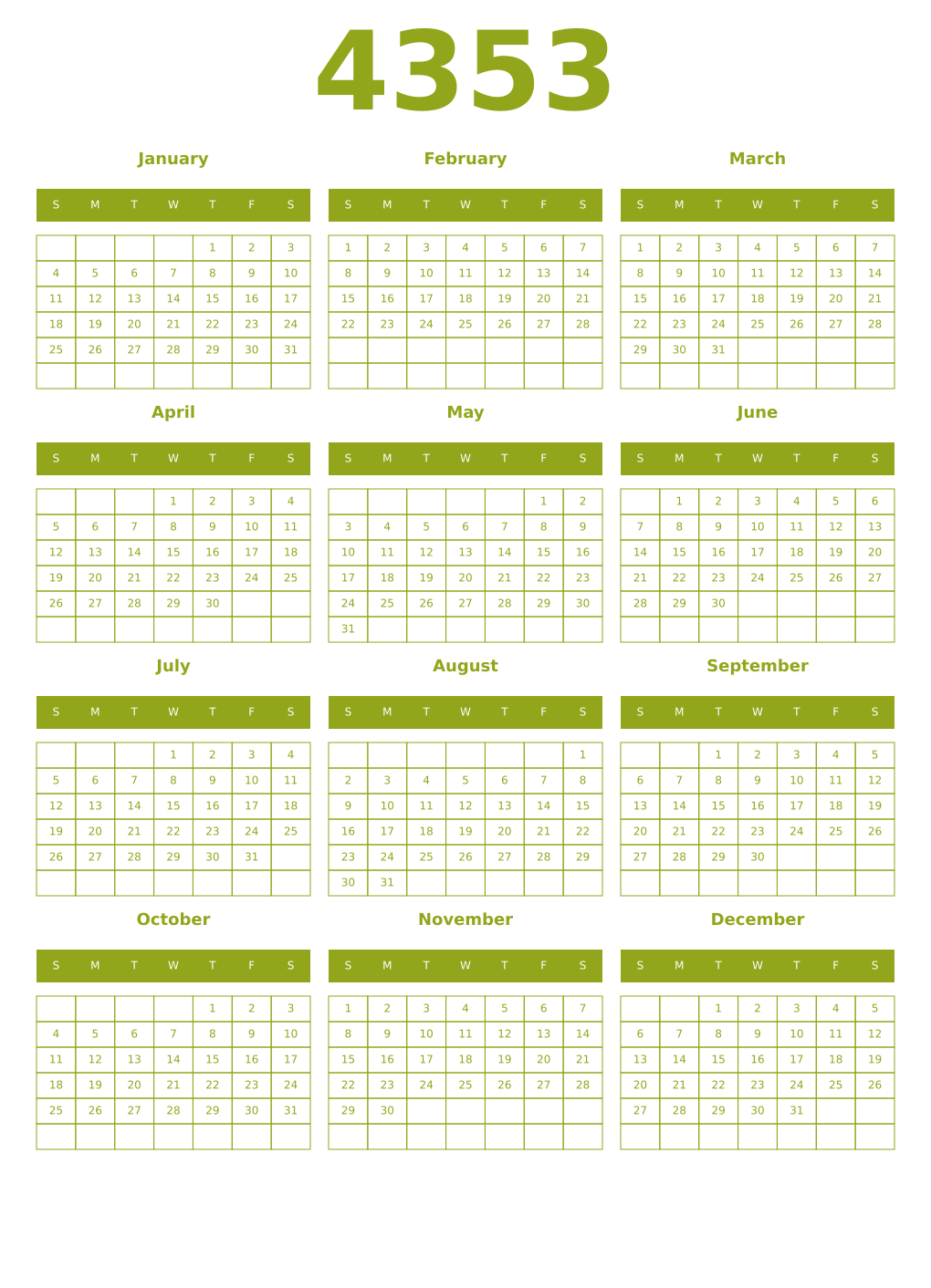Printable 4353 Year Calendars chartreuse