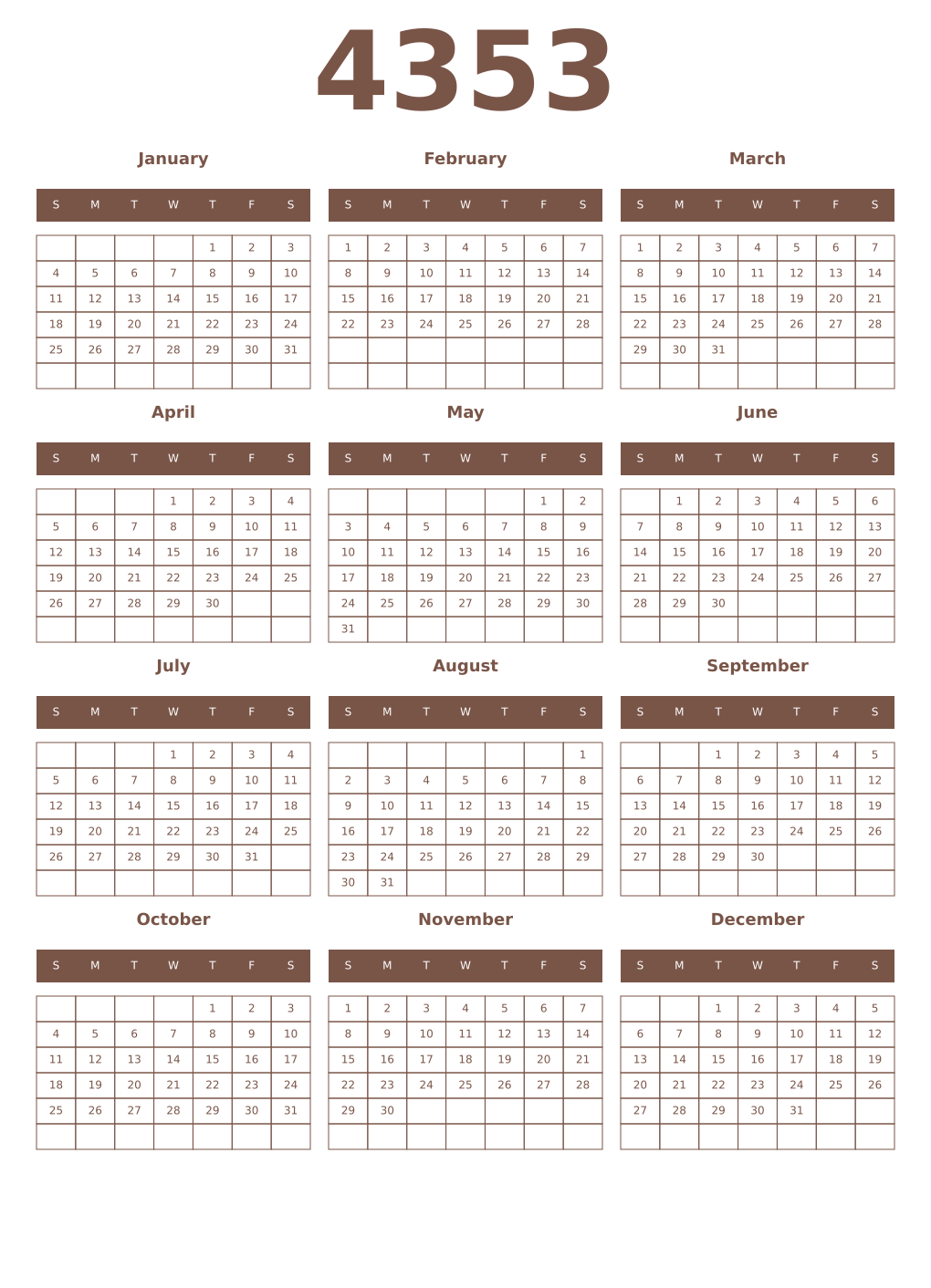 Printable 4353 Year Calendars coffe