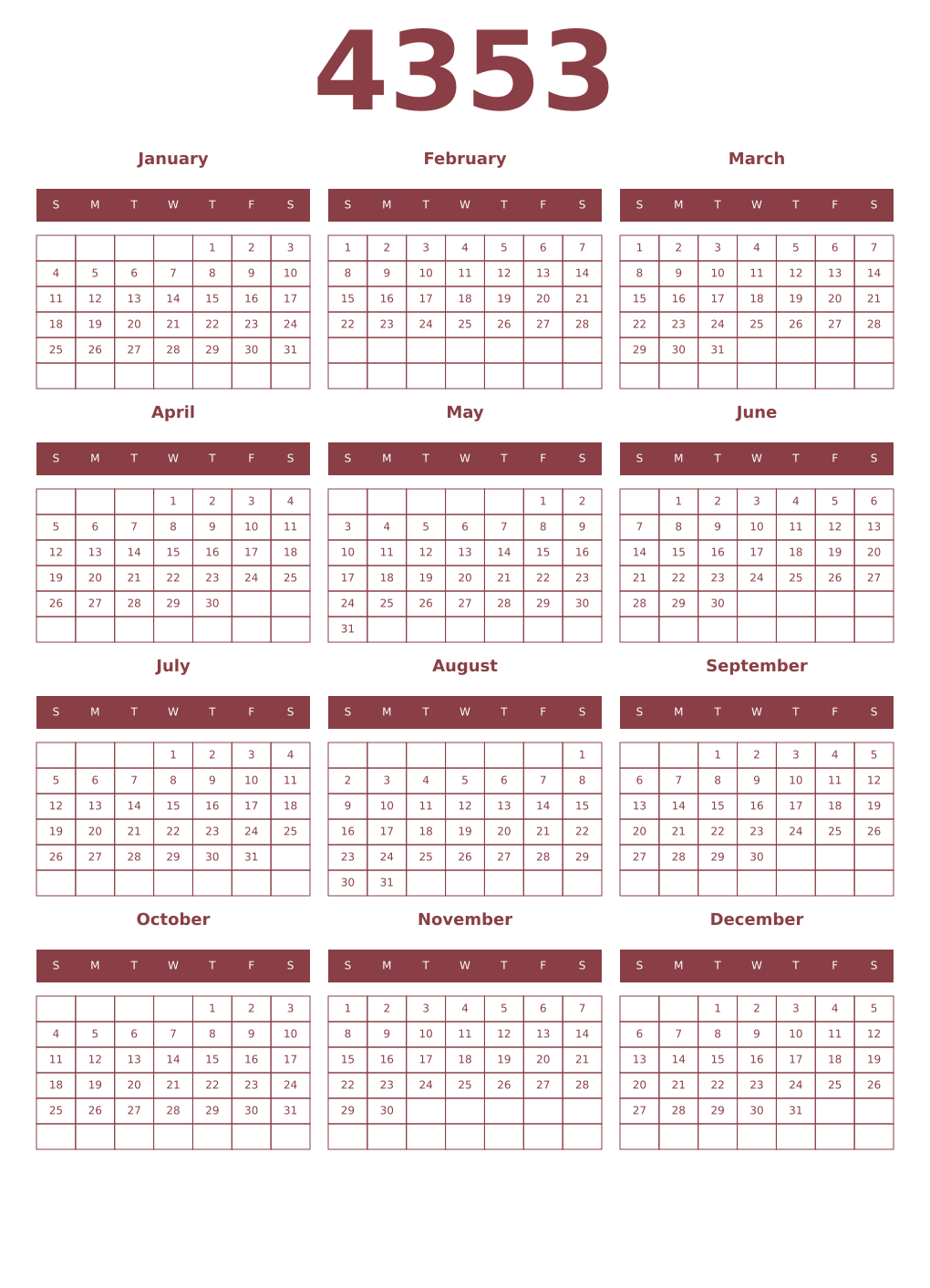 Printable 4353 Year Calendars cordovan