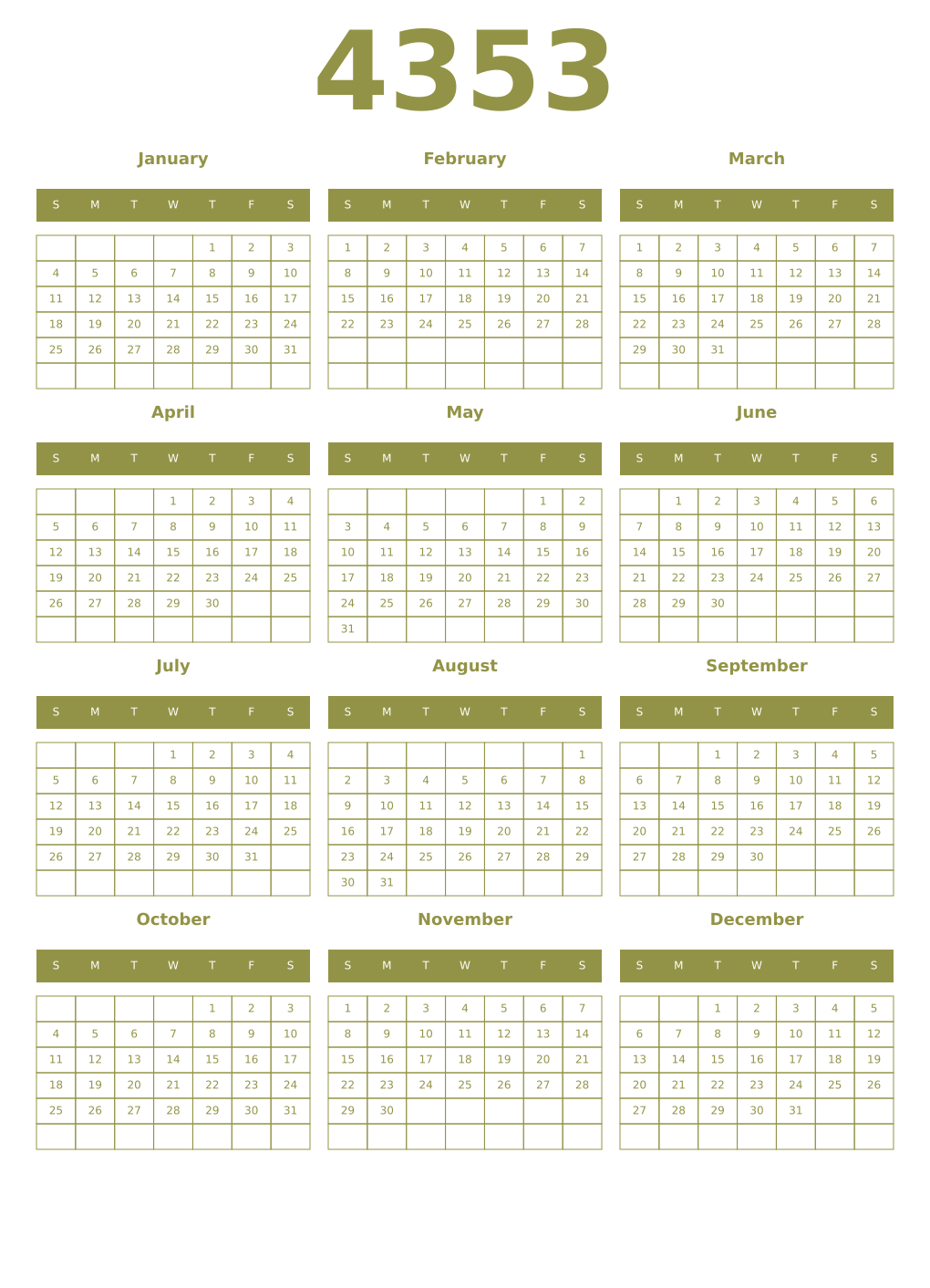 Printable 4353 Year Calendars eburnean