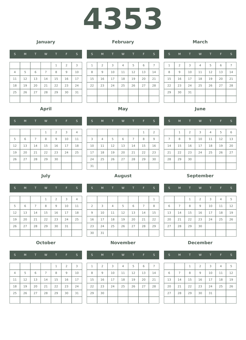 Printable 4353 Year Calendars feldgrau