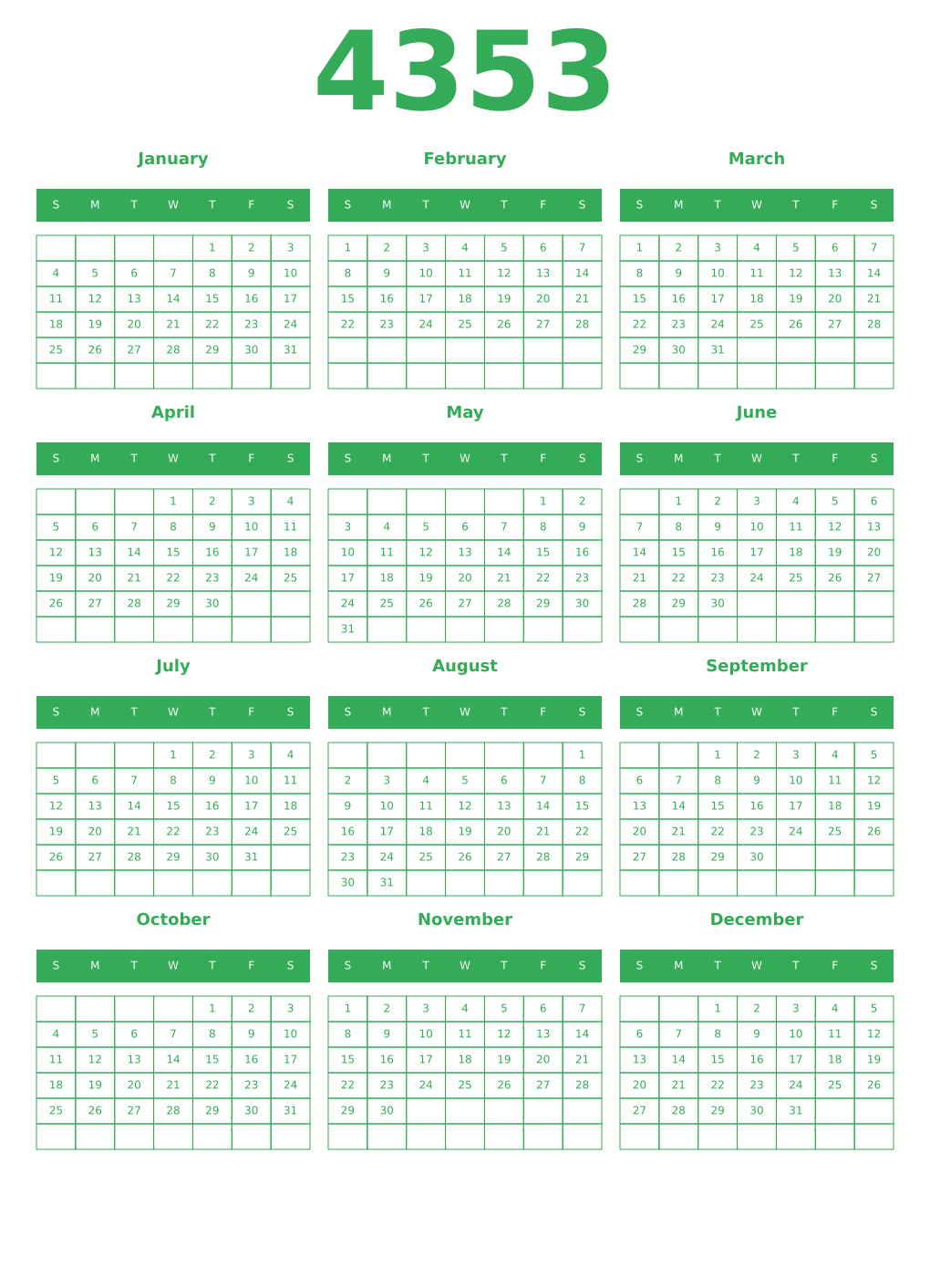 Printable 4353 Year Calendars green