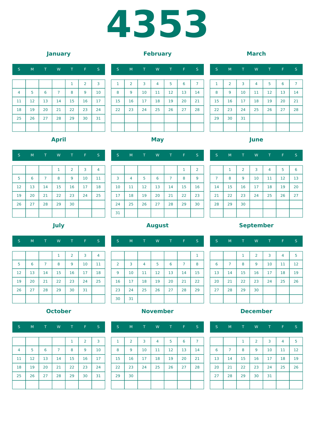 Printable 4353 Year Calendars pastel