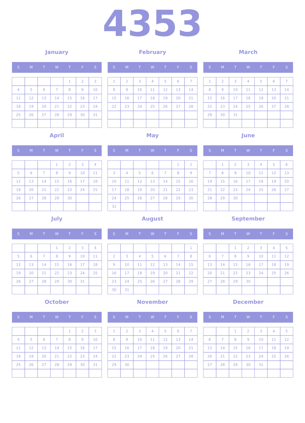 Printable 4353 Year Calendars periwinkle