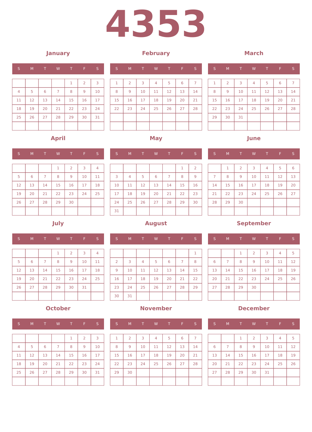 Printable 4353 Year Calendars puce