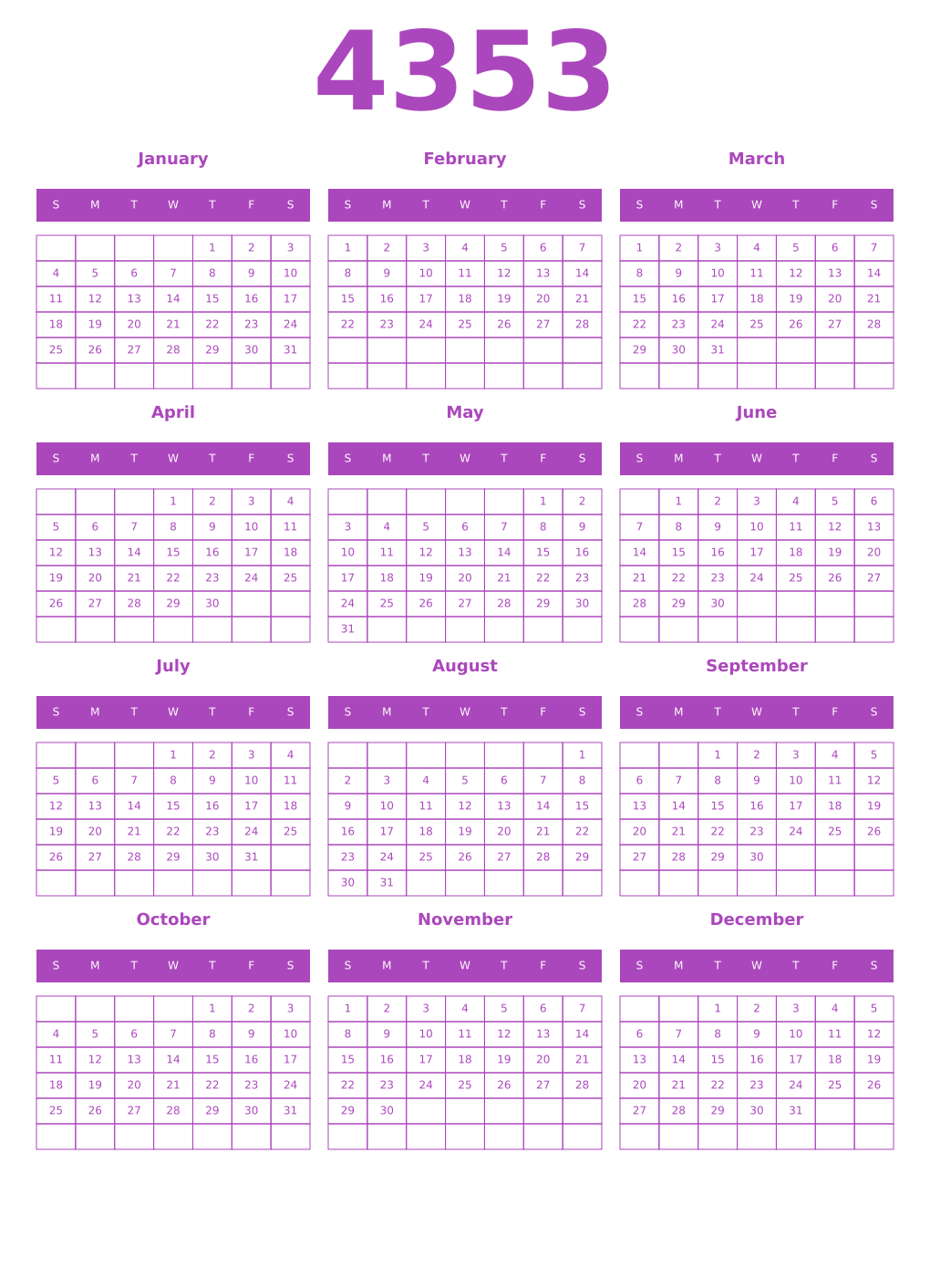 Printable 4353 Year Calendars purple