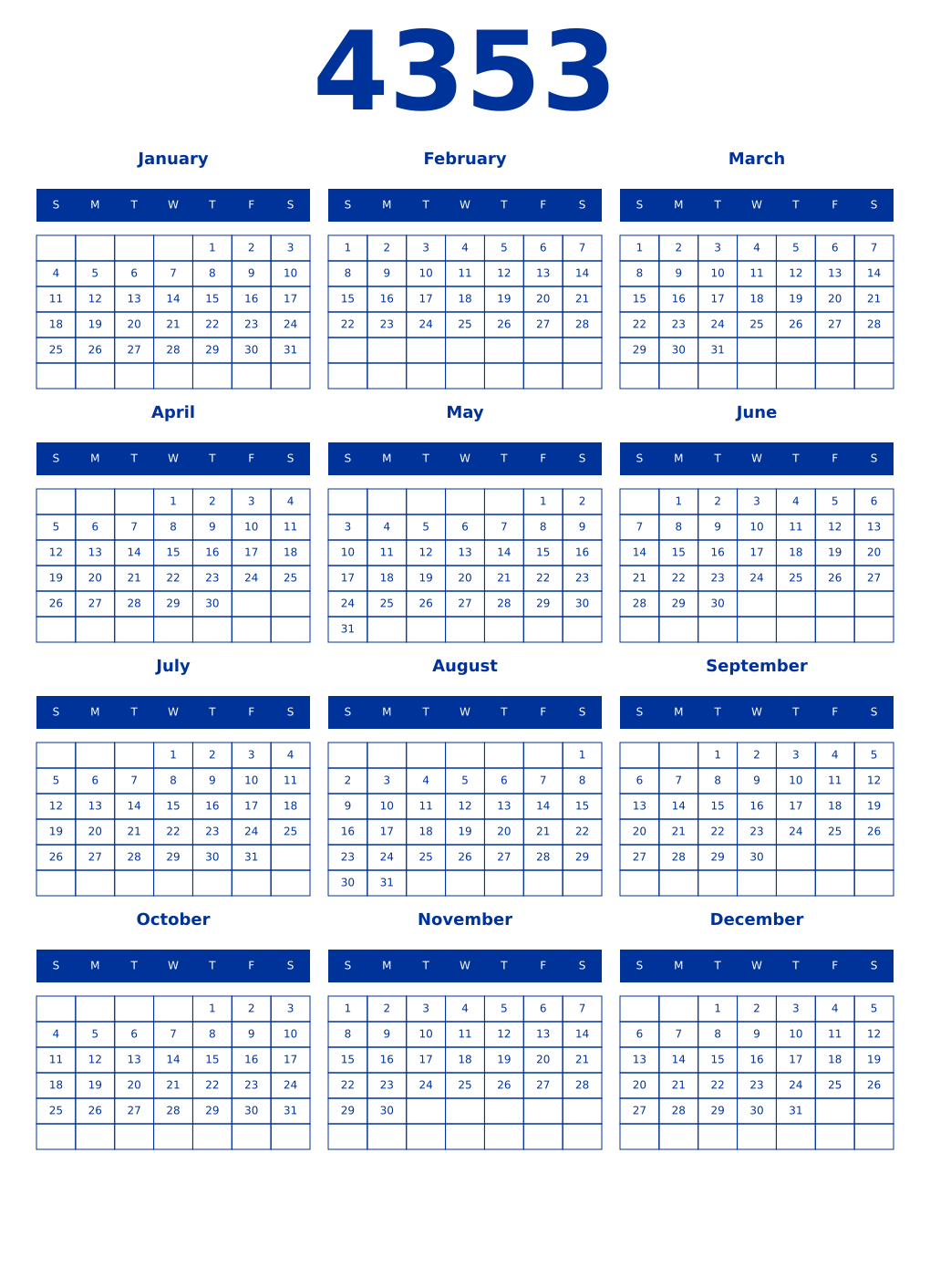Printable 4353 Year Calendars smalt