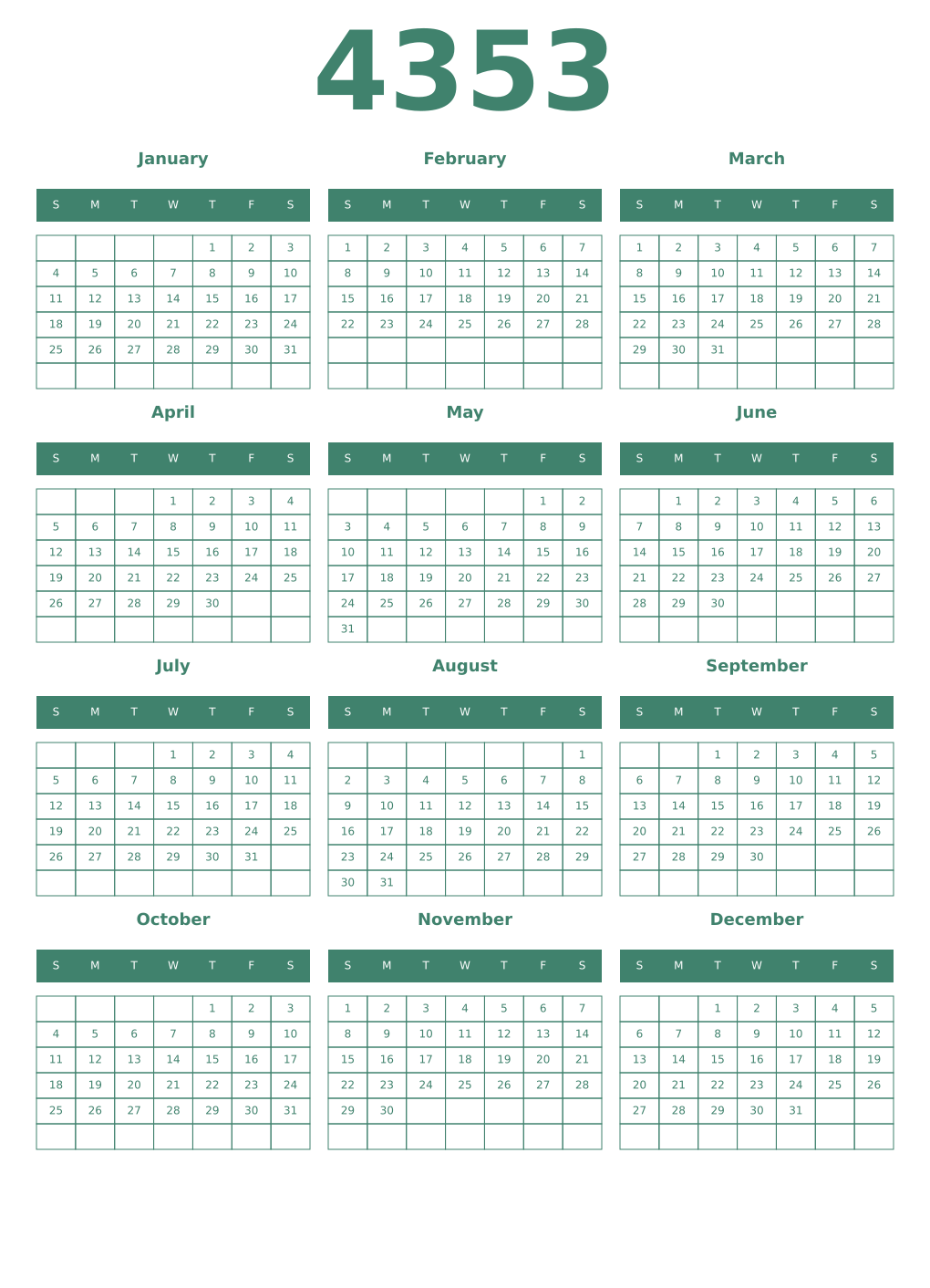 Printable 4353 Year Calendars viridian