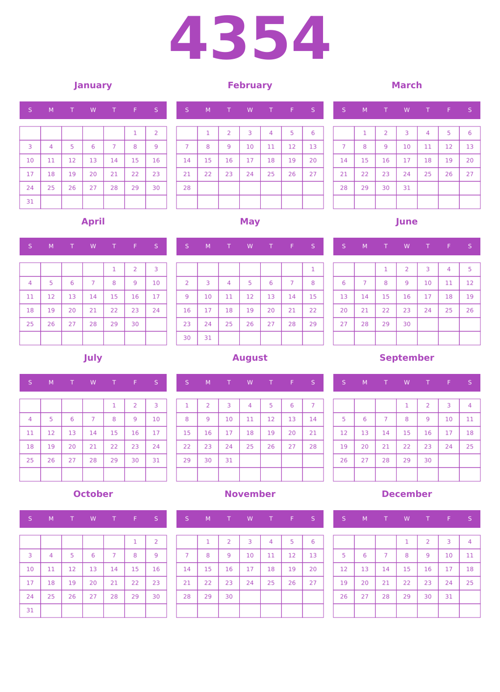 Printable 4354 Calendars