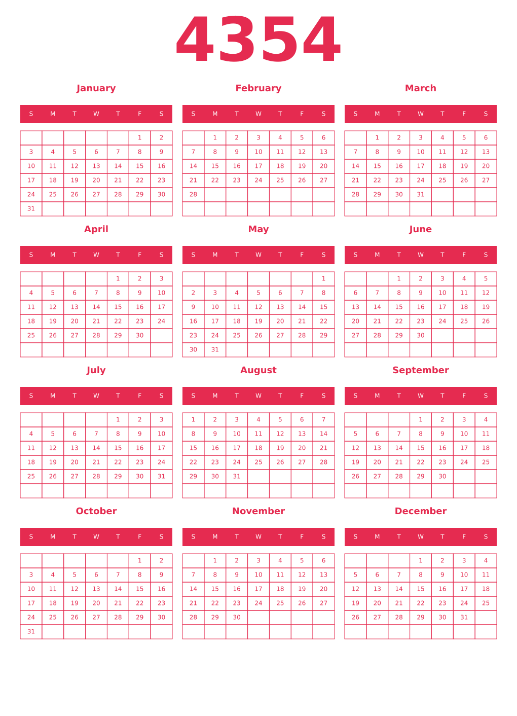 Printable 4354 Year Calendars amaranth