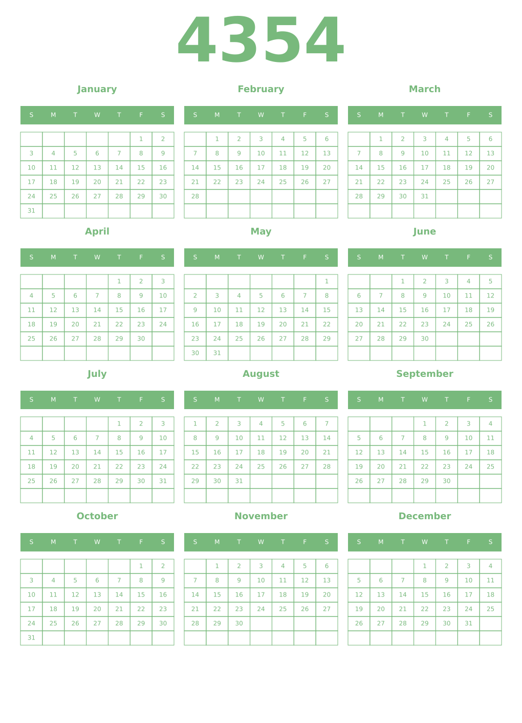 Printable 4354 Year Calendars celadon