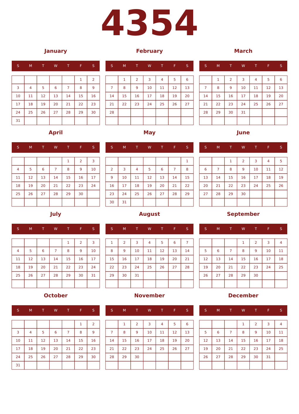 Printable 4354 Year Calendars falu