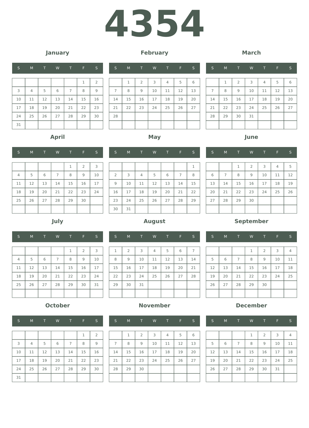 Printable 4354 Year Calendars feldgrau