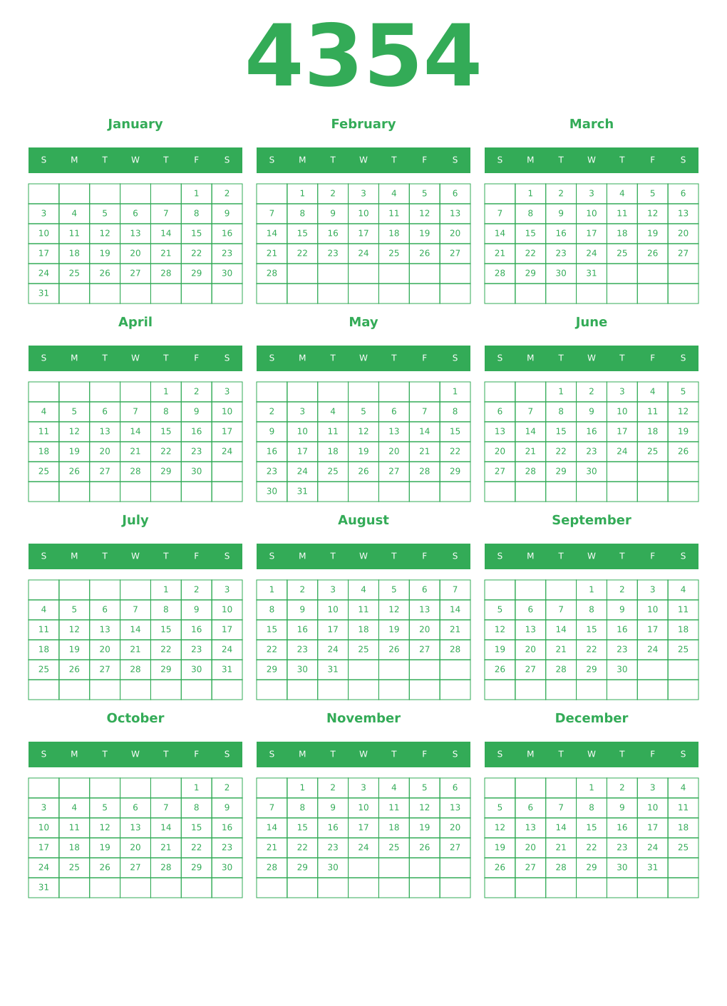 Printable 4354 Year Calendars green