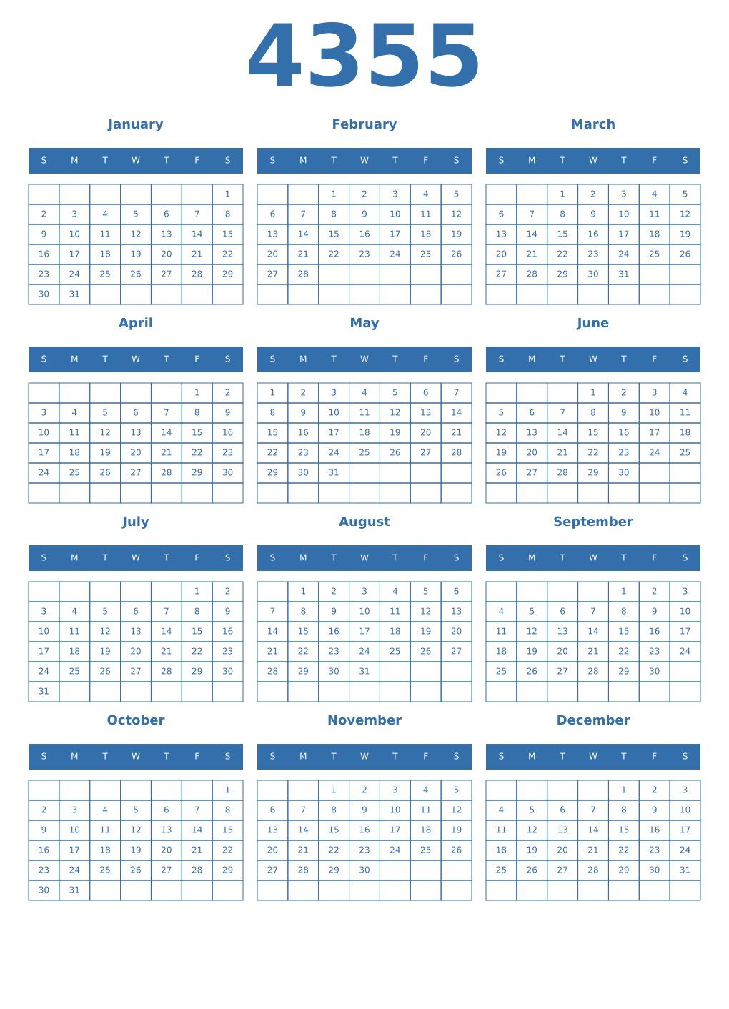 Printable 4355 Year Calendars blue
