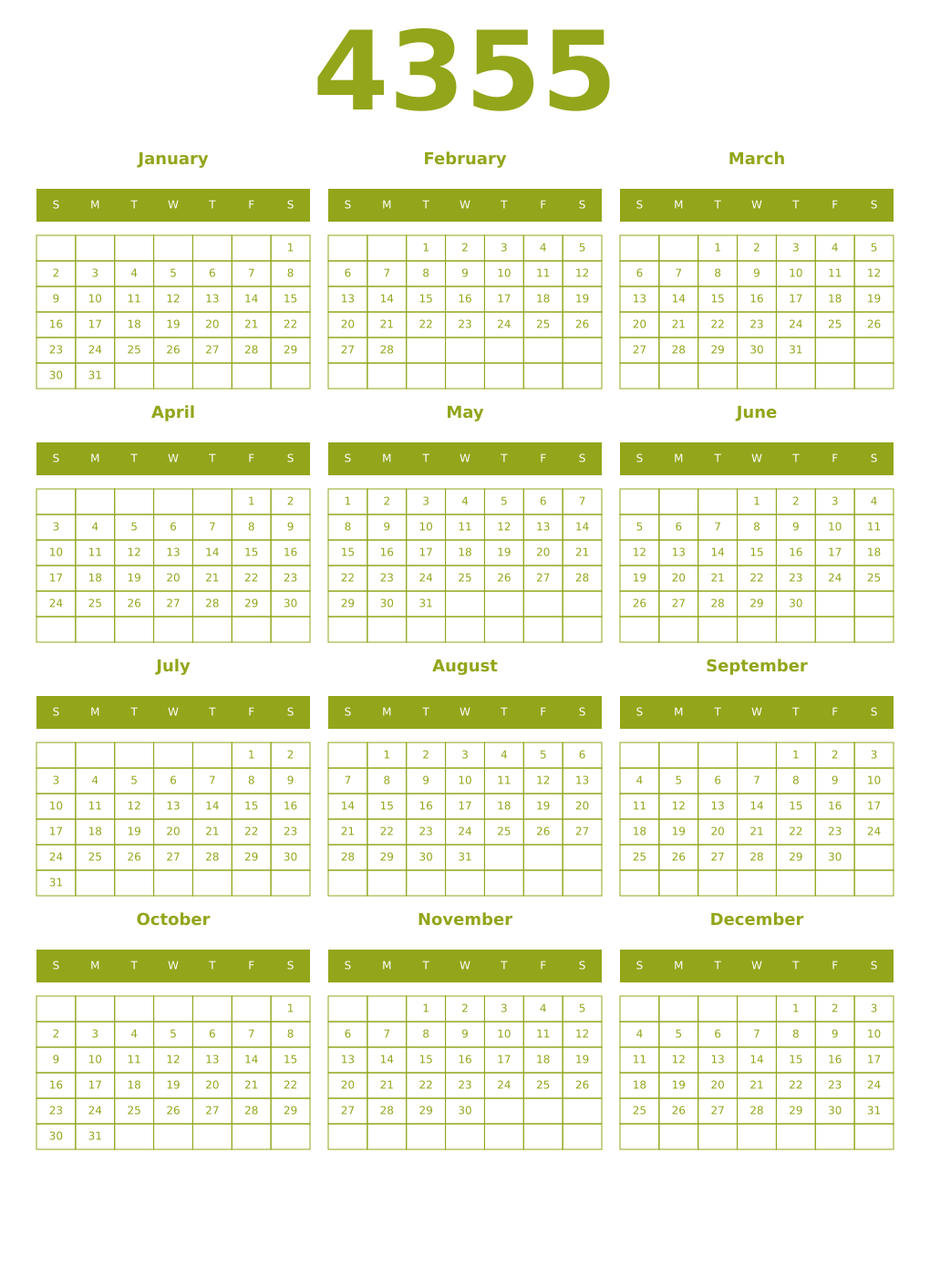 Printable 4355 Year Calendars chartreuse