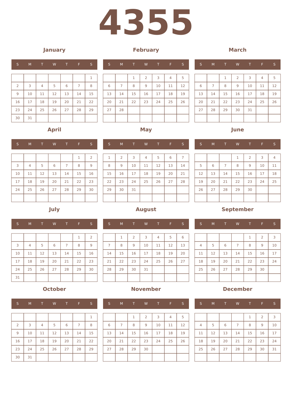 Printable 4355 Year Calendars coffe